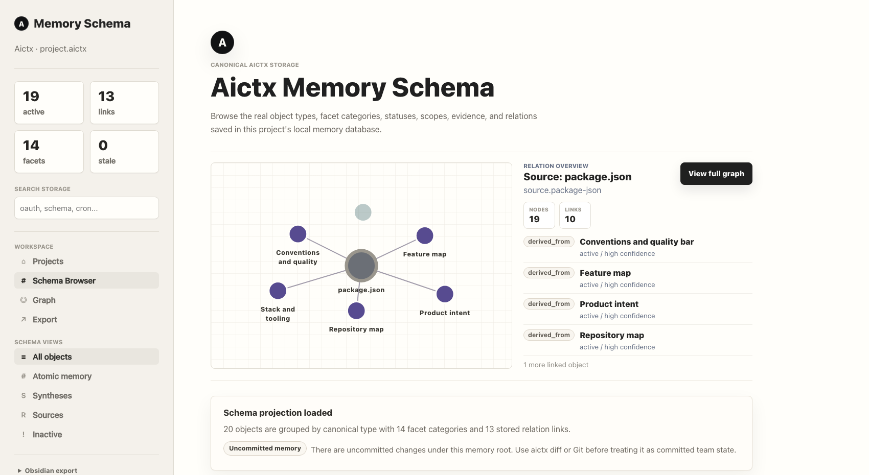 Memory viewer showing the memory schema graph with relation overview and canonical storage navigation.
